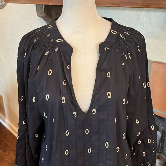 WRAP  London Black and Cream Ballion Sleeve Deep-V Cotton Midi Dress, 6! - Picture 2 of 11